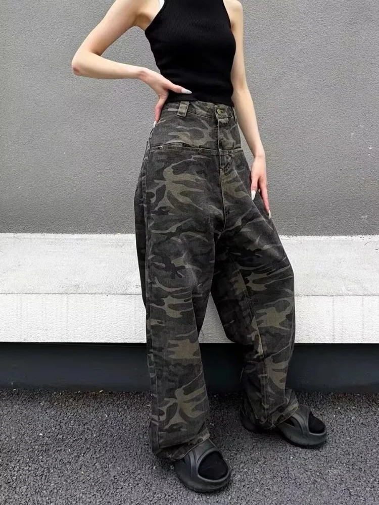 

Military Green Womens Jeans High Waist Vintage Straight Baggy Y2K Denim Pants Hip Hop American Fashion Wide Leg Denim Trouser 25