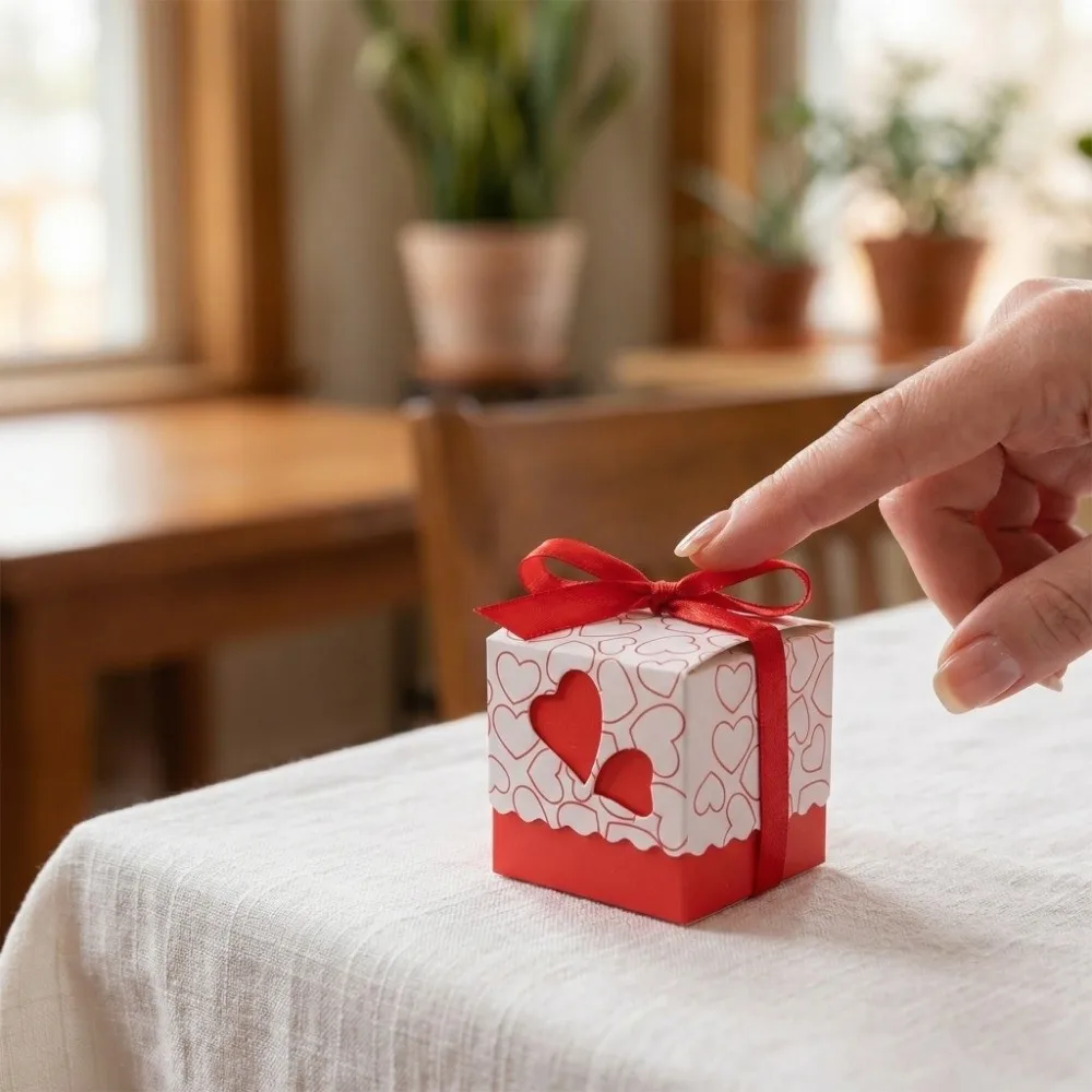 

50 шт. подарочных коробок для вечеринок, квадратные, 2x2x2 дюйма, с красной лентой, коробки для конфет, коробки для подарков в форме сердца, красные, для дня рождения