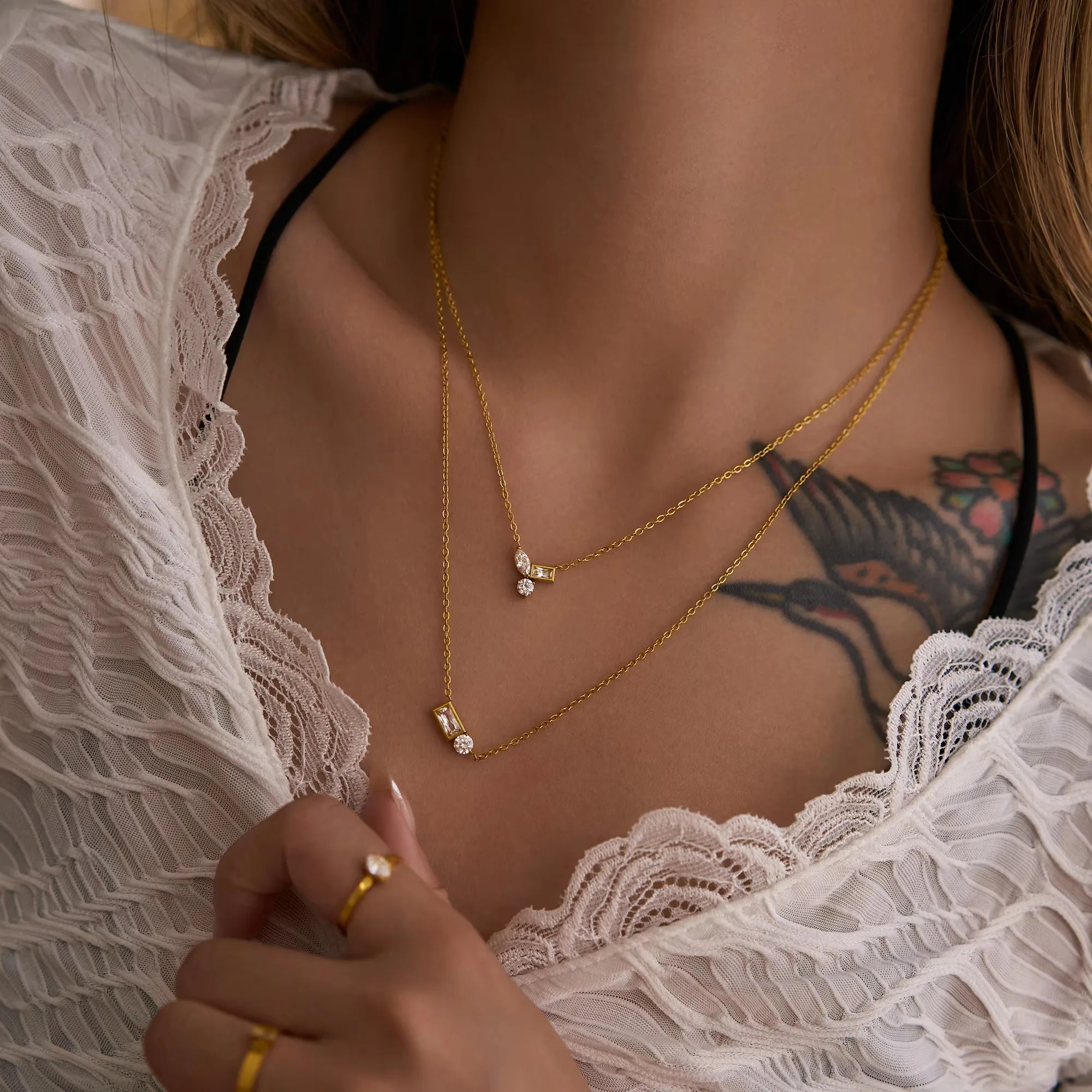 Tarnish Free 18k Gold Plated Stainless Steel French Minimalist Zircon 2 Design Pendant Necklace for Women Chains Choker Jewelry image 3