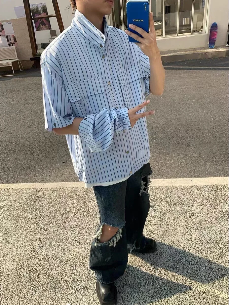 

Мужская куртка свободного кроя с вертикальными полосками и воротником-стойкой в американском стиле ретро, съемная