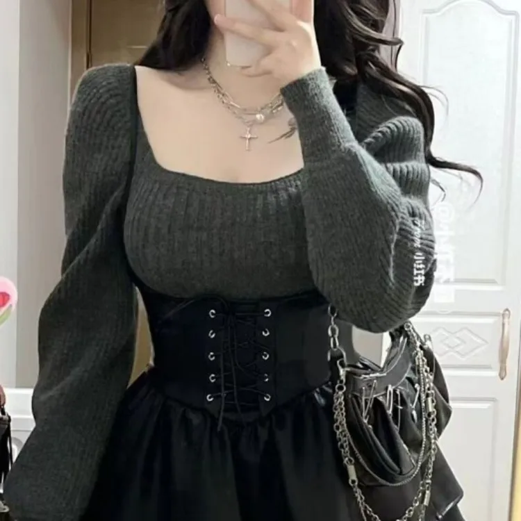 High Waist Leather Black Mini Dress + Casual Knitted Sweater Elegant Clohting Woman Korean Fashion Suit Design Chic