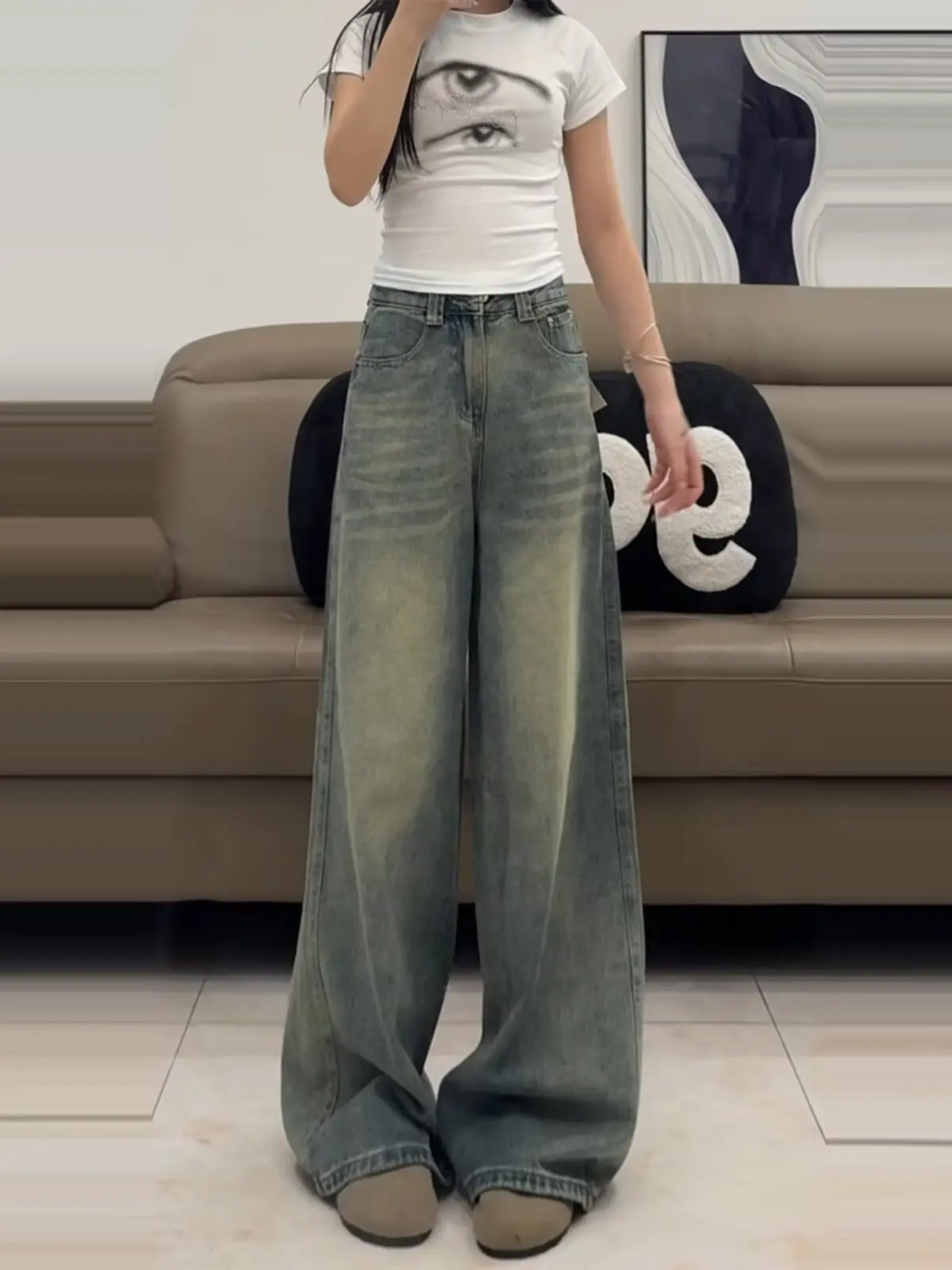 

American Retro High Waist Wide Leg Jeans Women Summer Pear Shape Loose Slimming Floor-Length Pants Versatile Classic Style