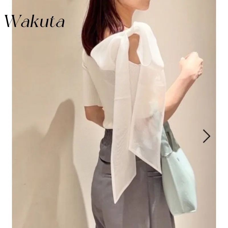 WAKUTA Japanese Sweet Round Neck Bow Single Shoulder Sleeves Knit Elegant Ladies Slim Fit Solid Tanks Poleras De Invierno Mujer