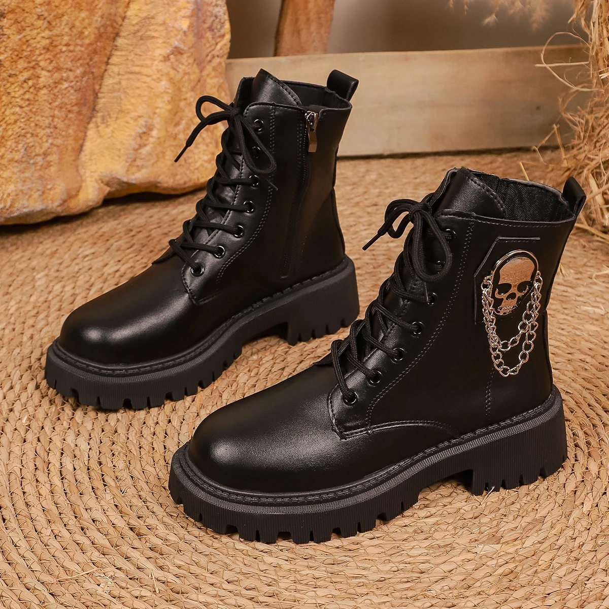 여성용 라운드 토 레이스업 컴뱃 앵클 부츠, 사이드 지 - Anklet Foot Chain 리뷰 및 가격