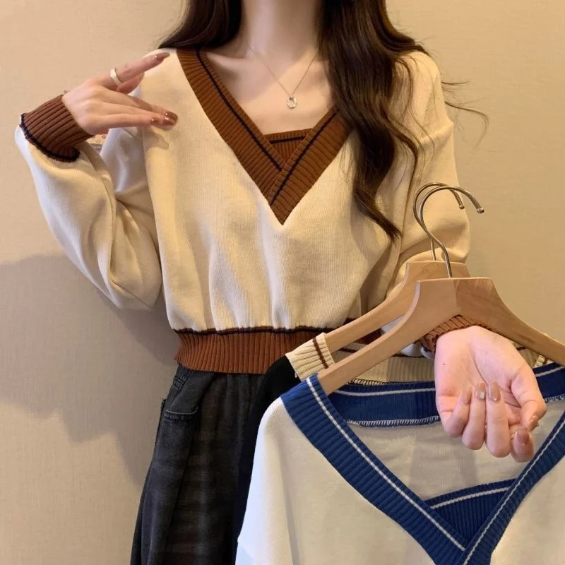 

plus Size Knitwear V-Neck Color Block Short Sleeve Long Sleeve Women's Fashion Autumn Top Sweet And Spicy Style Casual Wear