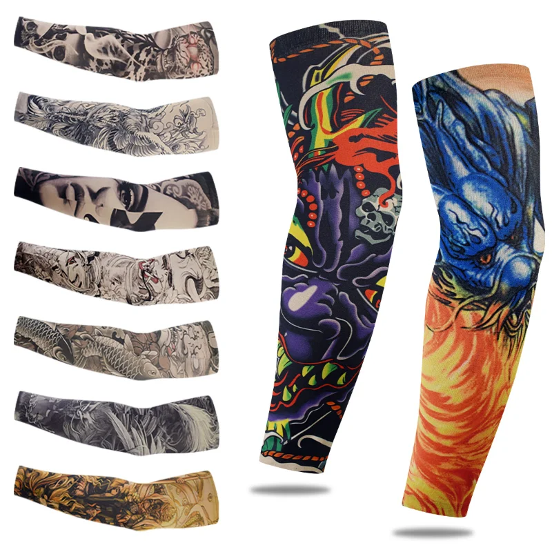 1PCS Men Long Summer Tattoo Sleeves Seamless Armguard Sun Protection Cover Outdoor Gloves Driving Ice Silk Women Arm Sleeves