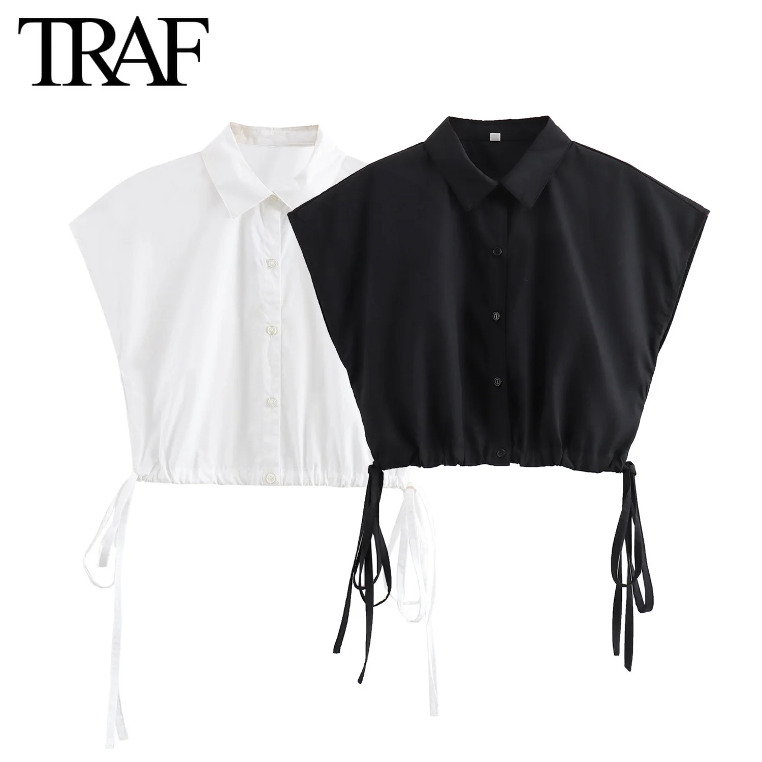 TRAF Women Fashion Summer New Sleeveless Single-breasted Lapel Lace-up Design Short Blouse Street Clothing Shirt Chic Ladies Top