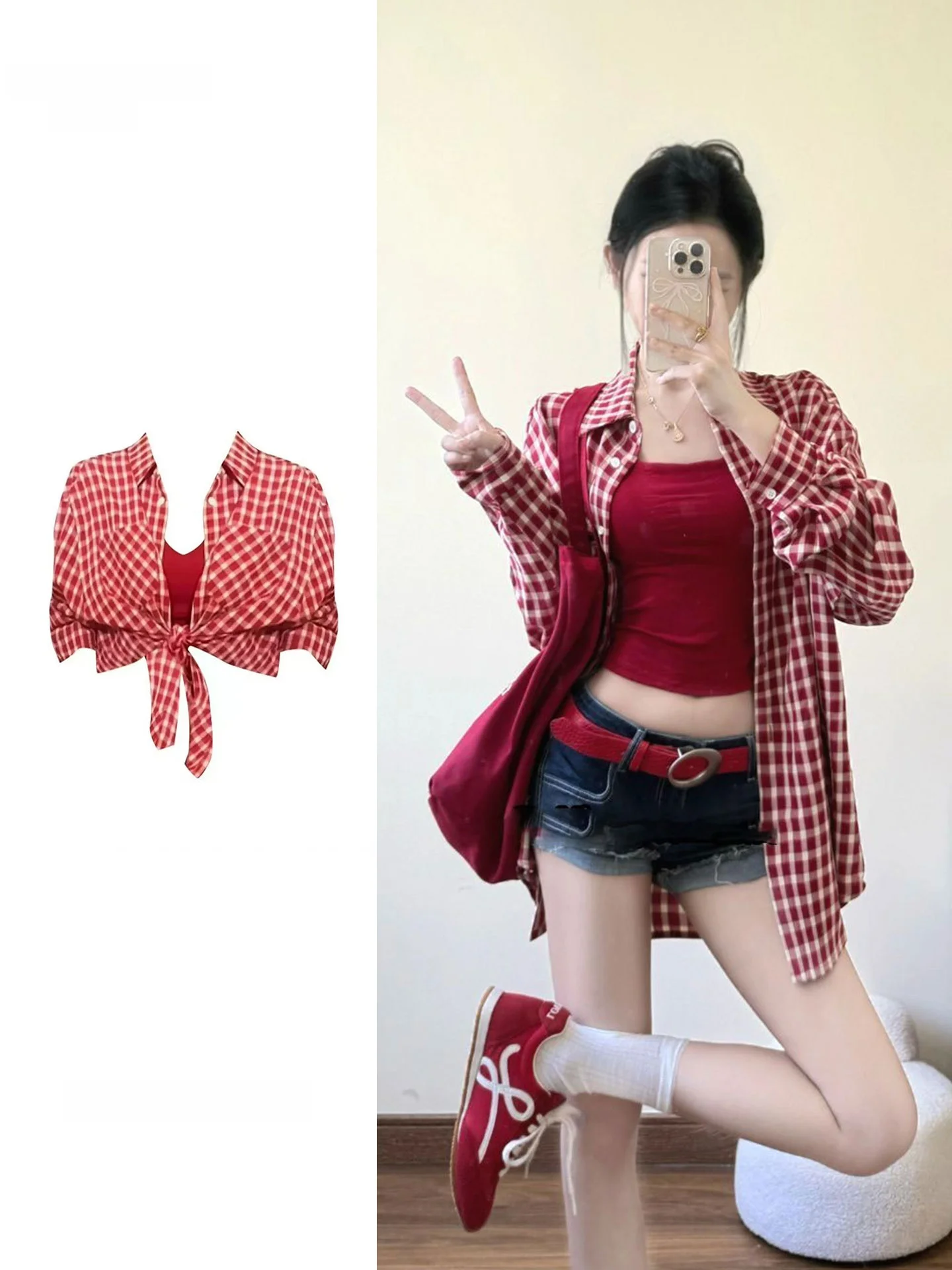 Red Plaid Shirt Vest Shorts Three-Piece Set Women's Spring Summer High Waist Short Pants Button-Up Long Sleeve  Collar Ou...