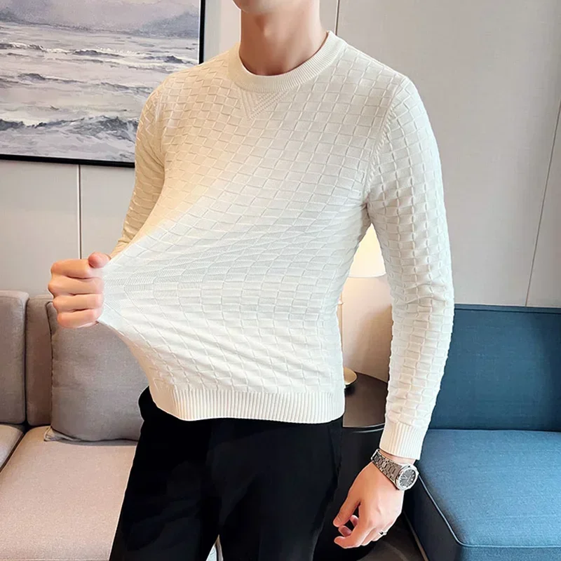 Autumn Winter Stretch Jacquard Woven O-Neck Sweater Men\'s Waffle Slim Fit Long Sleeve Knitted Pullovers Casual Streetwear Homme