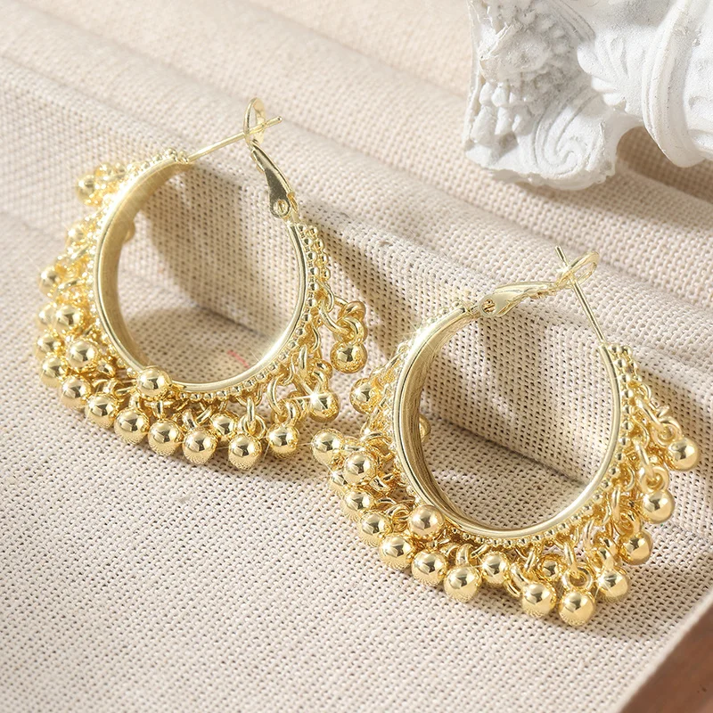 Böhmische Mode Trendige Goldfarbene Perlen Quasten-Creolen Luxuriöse Ethnische Ohrringe für Damen Party Brautschmuck Geschenke – Detail 2