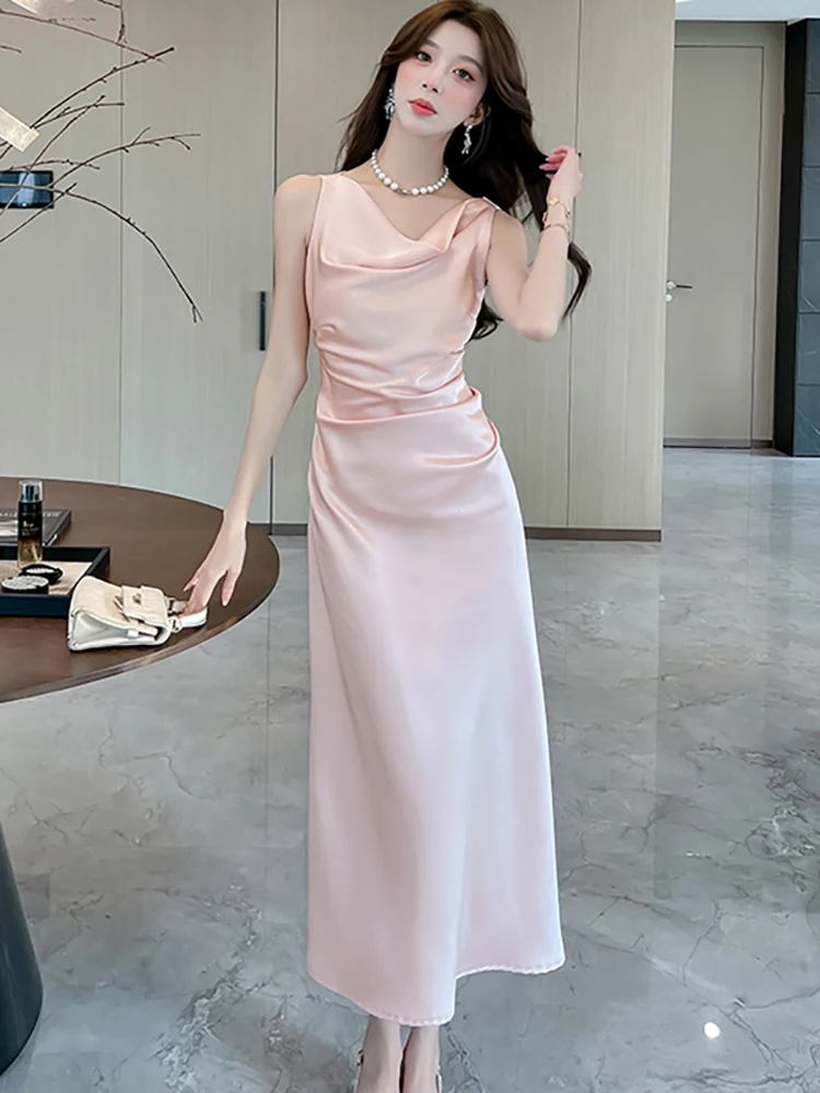

Women Pink Satin Pleated Bodycon Luxury Evening Dress Summer Elegant Chic Sling Sexy Dress 2025 Korean Fashion One Piece Dresses