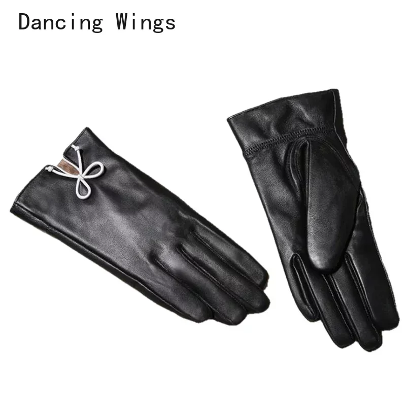 

Genuine Sheepskin Gloves 2024 Elegant Bow Women Leather Glove Thermal Winter Driving Keep Warm Mittens Luva Feminina