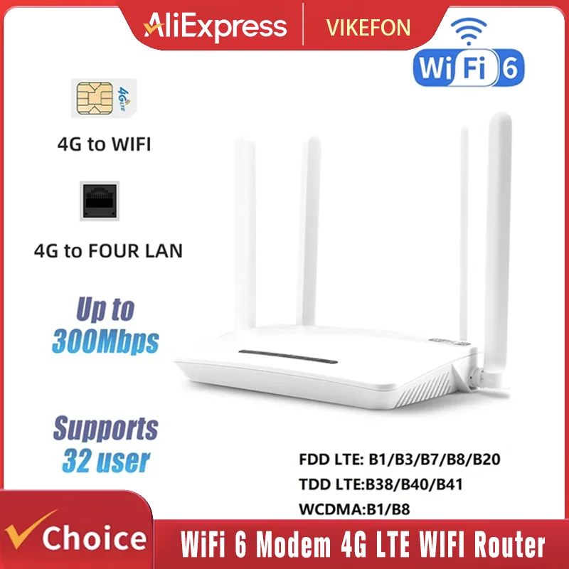 

Модем WiFi 6 4G LTE, Wi-Fi роутер 300 Мбит/с, высокоскоростной, поддержка подключения 32 устройств, беспроводная точка доступа, 4G SIM Wi-Fi роутер