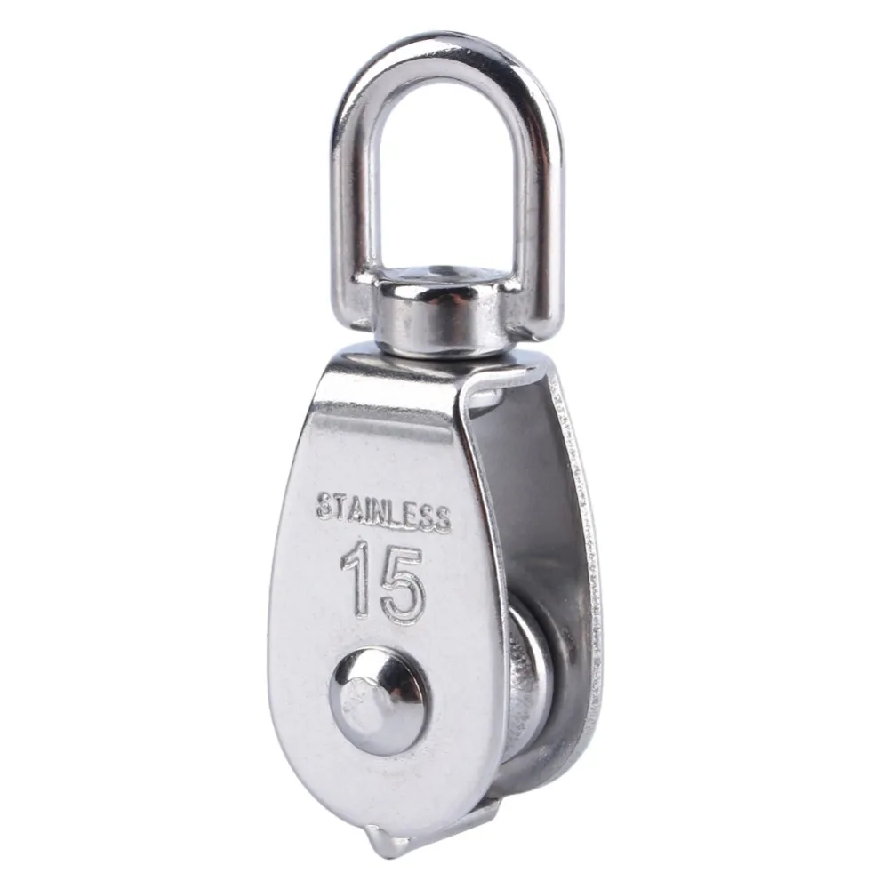 4pcs 304 Stainless Steel Swivel Pulley Block Silver M15 Rope Pulley Block Swivel Design With Snap Hooks Single Wheel Pulley