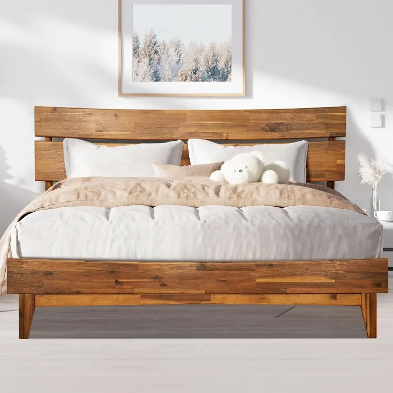 Wooden Bed Frame with Headboard, Solid Wood Platform Bed, Easy Assembly, No Box Spring Needed, King, Caramel, 14 Inch, V1