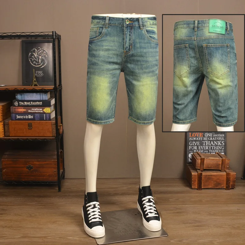 Summer thin denim shorts men's trendy brand stretch slim fit fashionable retro green washed casual five quarter pants