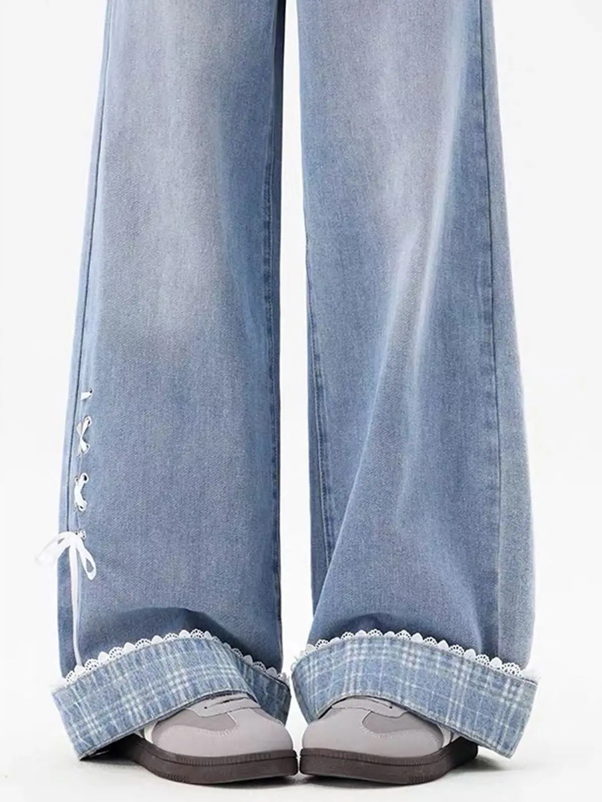 Bow Tie Cuff Rolled Hem Straight Wide Leg Jeans Women Spring 2026 New Designer Loose Casual Trousers