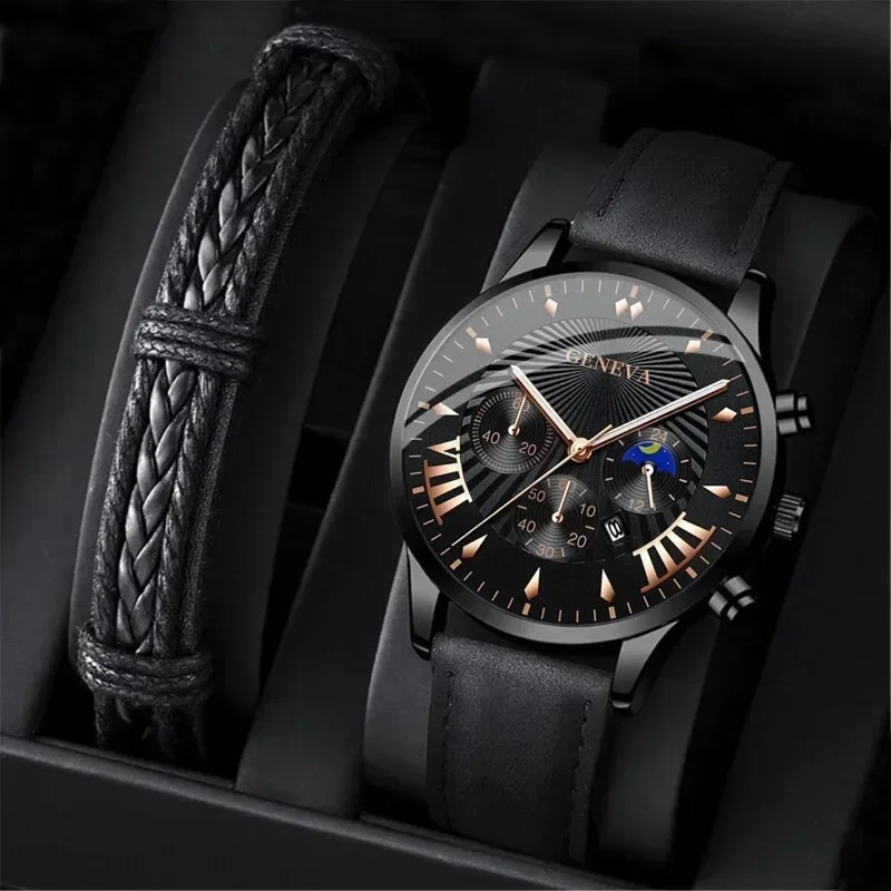 1pc Mens Watch Men's Casual Business PU Strap Analog Quartz Wrist Watch 2pcs Bracelet Combination Set Wristwatch Bracelet Set