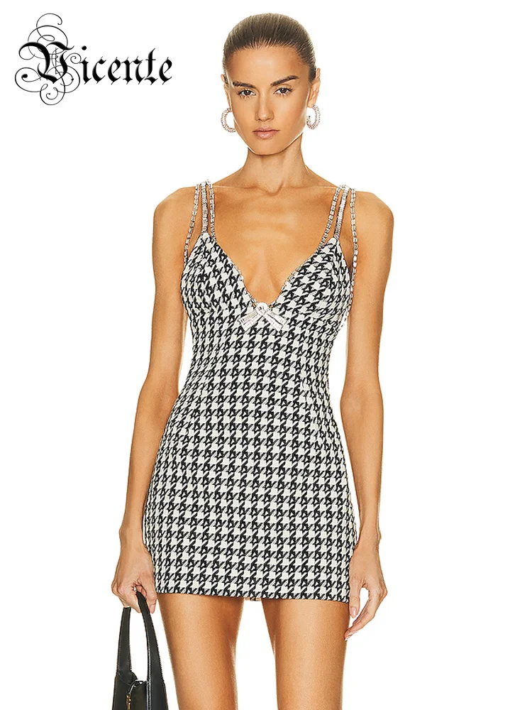 

VC Vintage Houndstooth Dress For Women Sexy V Neck Crystal Chain Spaghetti Straps Bow Tie Bodycon Bandage Mini Dresses