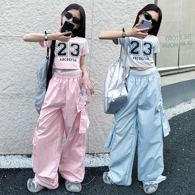 2025 Summer New Girl's Cargo Pants with Bow Child Summer Breathable Casual Pants Kids' Loose Straight Leg Sweatpants Trousers