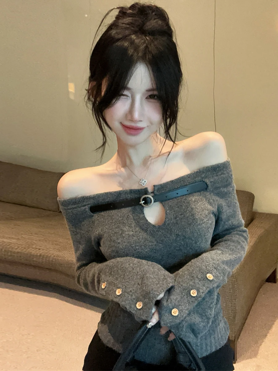 Korean Style Pure Desire Minimalist One Shoulder V-Neck Hollow out Design Long Sleeve Short Knitted Sweater Elegant Fashion Top