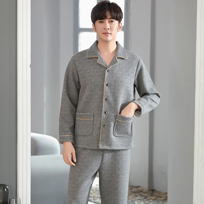 Gray pajamas men's autumn winter thick long-sleeved laminated air cotton home service male warm big yards thin quilted suit