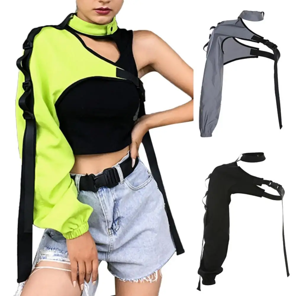 1Pc Women Chic Choker One Long Sleeve Strap Buckle Halter Smock Blouse Reflective Irregular Personality Shirts for Spring Summer