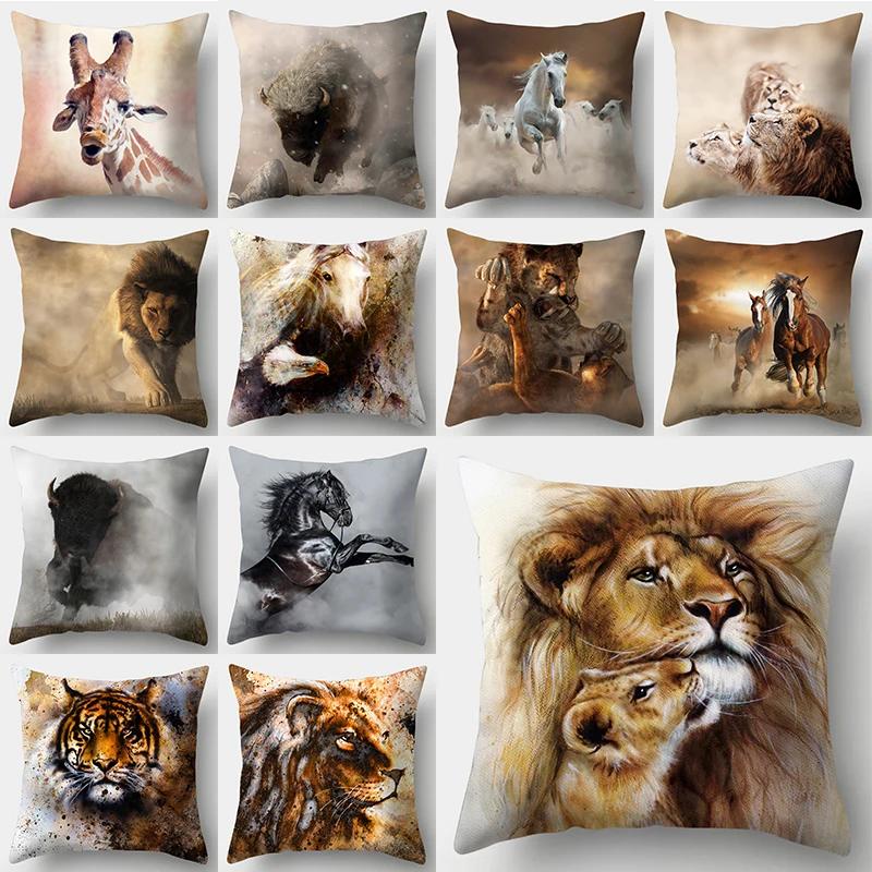 Funny Animal Pillow Case Lion Horse Tiger Pillowcase 45x45 Garden Chair Sofa Bed KIDS Boy Girl Room Decorative Pillows Covers