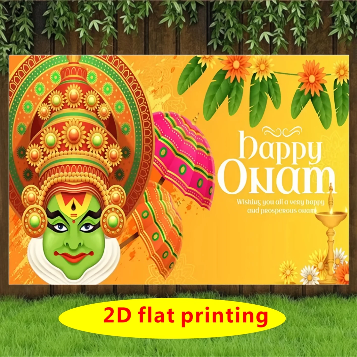 Plano 2D, 1 pancarta cultural y de danza india tradicional con bailarina Kathakali vibrante, cabeza de ciervo y diseño floral - Happy Onam