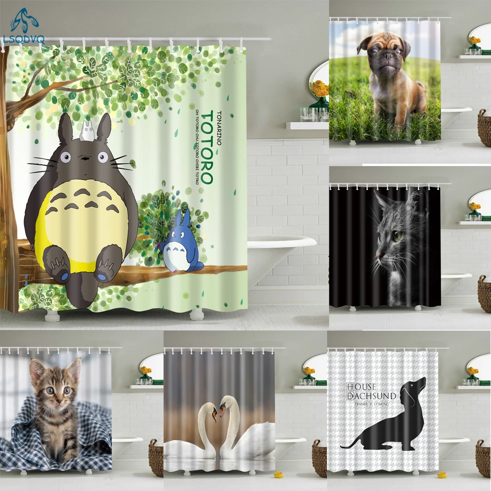 Lovely Animals Dogs Cats Cute Cartoon Hippo Totoro Bathroom Shower Curtains Waterproof Polyester Bath Curtain with Hooks