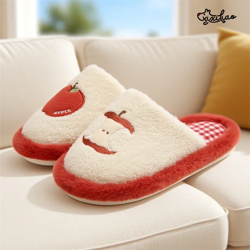 Fluffy Warm Platform HomeShoes XIXITIAO Cartoon Apple Embroidery IndoorPlush Soft EVA Home Floor Shoes Woman's Cute House Slides