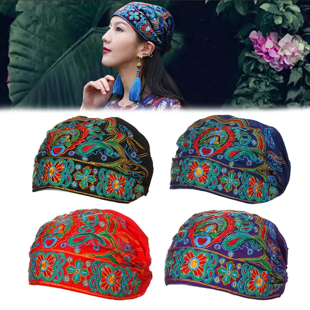 Fashion Embroidery Flowers Bandanas Ethnic Mexican Style Turban Hats Breathable Vintage Beanie Hat for Women