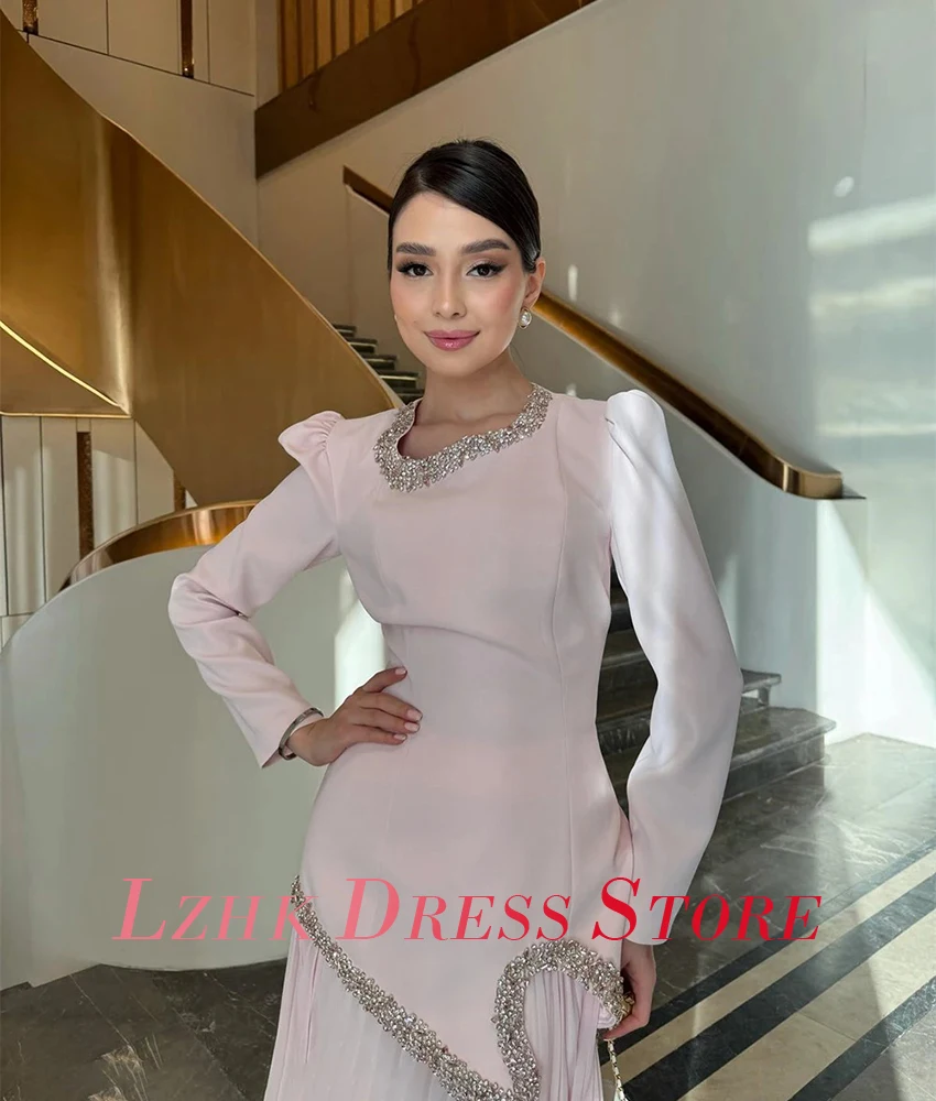 カスタマイズされた優雅なシフォン A ラインビーズクリスタル真珠イブニングドレス気質長袖スクエアネックウエディングドレス