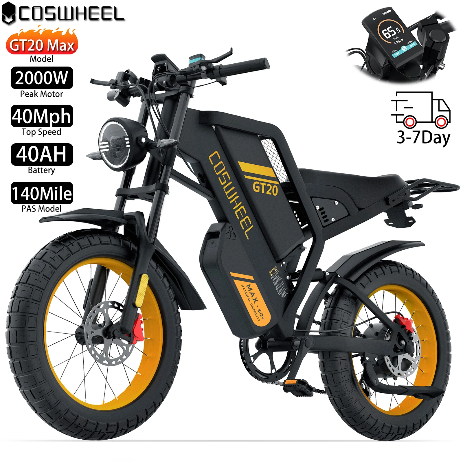 

Электрический велосипед COSWHELL GT20 Max для взрослых, 20x4 дюйма, 2000 Вт, 40 миль, 60 В, 40 Ач (25 + 15), 140 миль, 7 скоростей, вездеходный электронный велосипед с полной подвеской