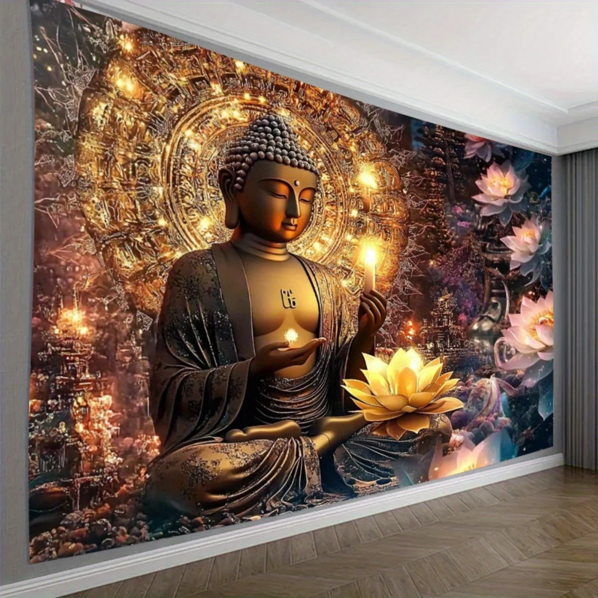 Spiritual Buddha Wall Tapestry Mural Large Decorative Zen Enlightenment Art Hanging Golden Lotus Asian Meditation Room Decor