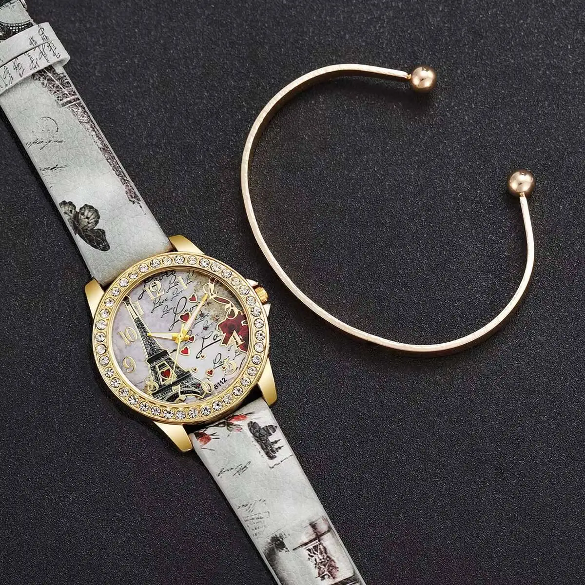 2 قطعة/المجموعة أزياء النساء الساعات السيدات حجر الراين كوارتز ساعة حزام من الجلد ساعة اليد سوار مجموعة Reloj Mujer (بدون صندوق) #5