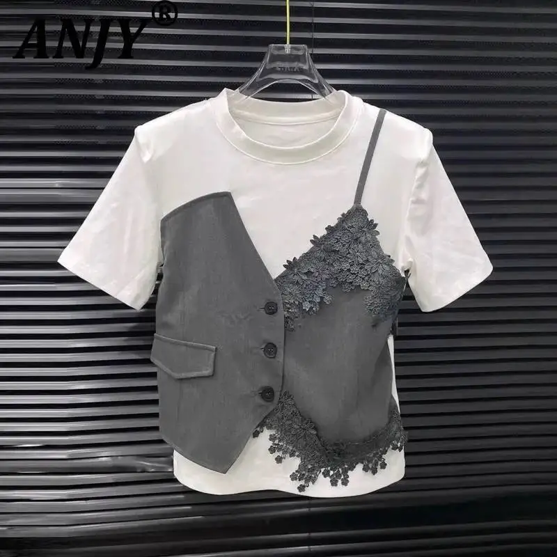 ANJY Summer New Women Fashion Lace Patchwork Niche Design Buttons Fake Two-Piece T-shirt Stylish Shirring Irregular Skirt A24276