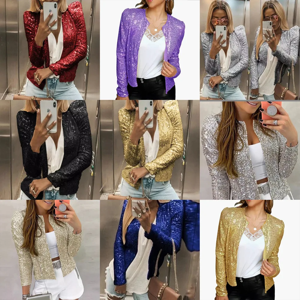 2025 New Stand Collar Color Block Sequin Short Jacket Women Fashion Versatile Casual Top Multi Color Options