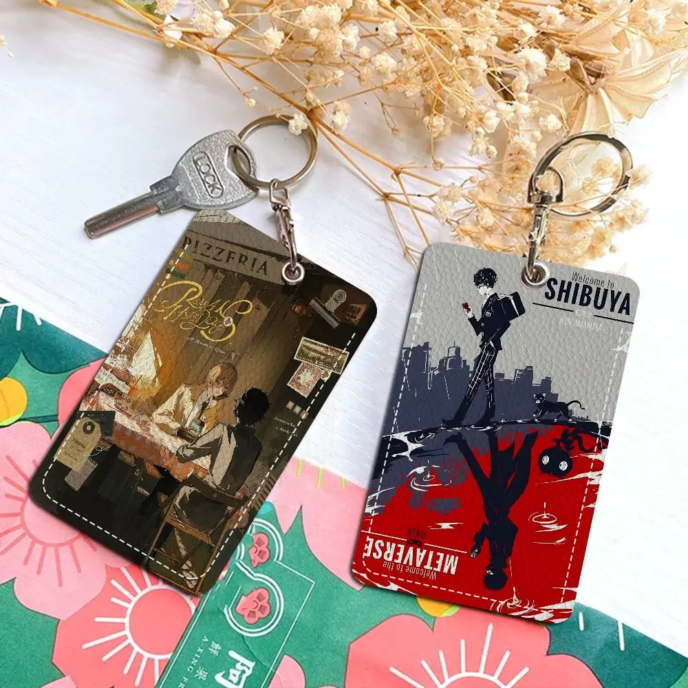 Hot Video Game P-Persona 5 Gaming Rectangle ID Card Case Keychain Access Card Bag Key Leather Card Holder Key Ring Access