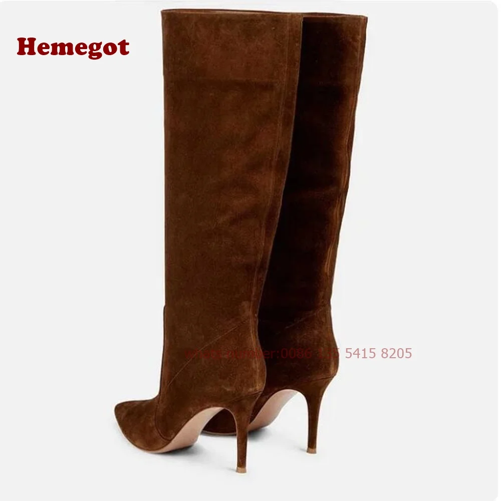 Brown Vegan Suede Wide Calf Knee High Boots with Stiletto Heel Pointy Toe Slip On Women\'s Boots Warm Winter Casual Shoes Sexy