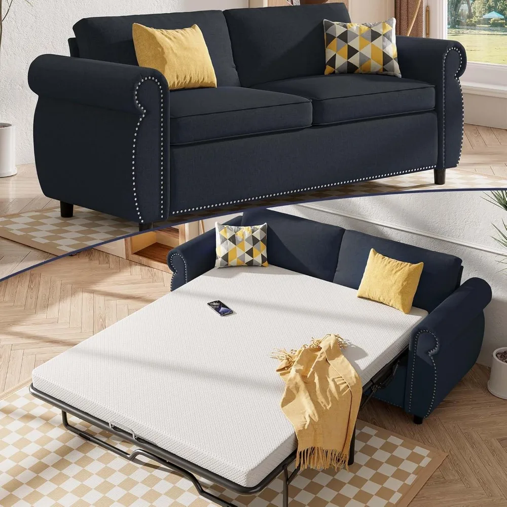

2 in 1 Pull Out Sofa Bed, Full Size Sleeper Sofa, Guest Bed with 4" Foldable Memory Foam Mattress & Nailhead Armrests,