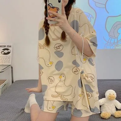 

Summer Casual Pajamas Women's Casual Nightshirt Smiling Faces Print Short Sleeve Shorts Home Clothes Set Student Sleepwear Suit