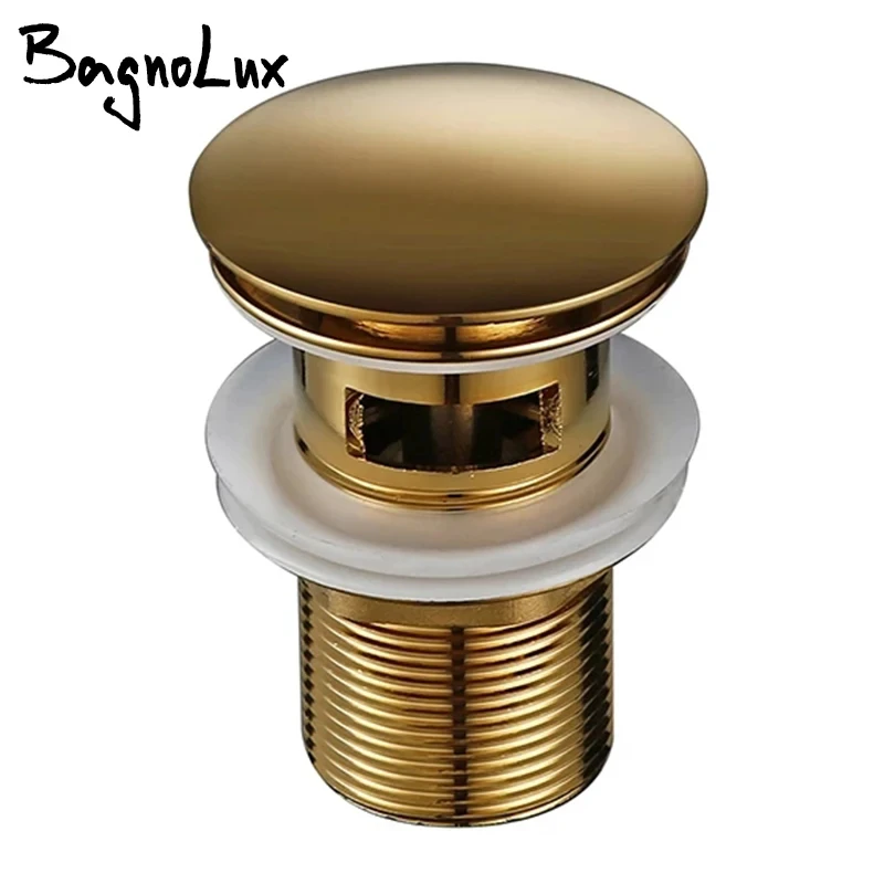 Bagnolux 광택 골드 세면대 싱크대 배수구, 부식 방지, 청소 쉬운 팝업 버튼, 둥근 구멍 욕실 호텔 배수구