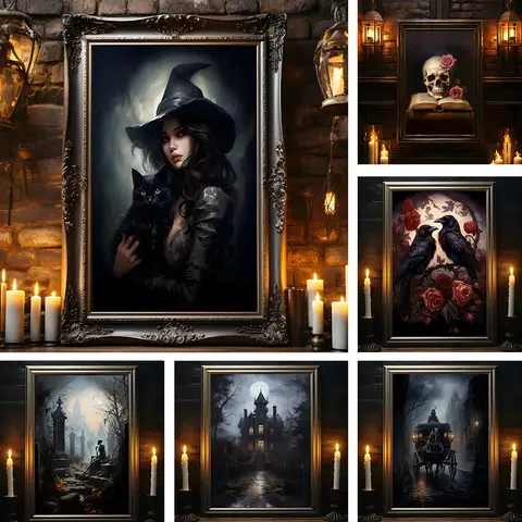 Retro Gothic Spooky Haunted Mansion Posters Print Dark Surreal Magic Witch Vampire Canvas Painting Victorian Home Decor Pictu