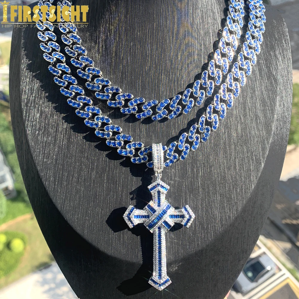 

Iced Out Cross Pendant Cuban Chain Necklace Prong Setting Blue CZ Cubic Zirconia Charm For Men Women Hip Hop Jewelry