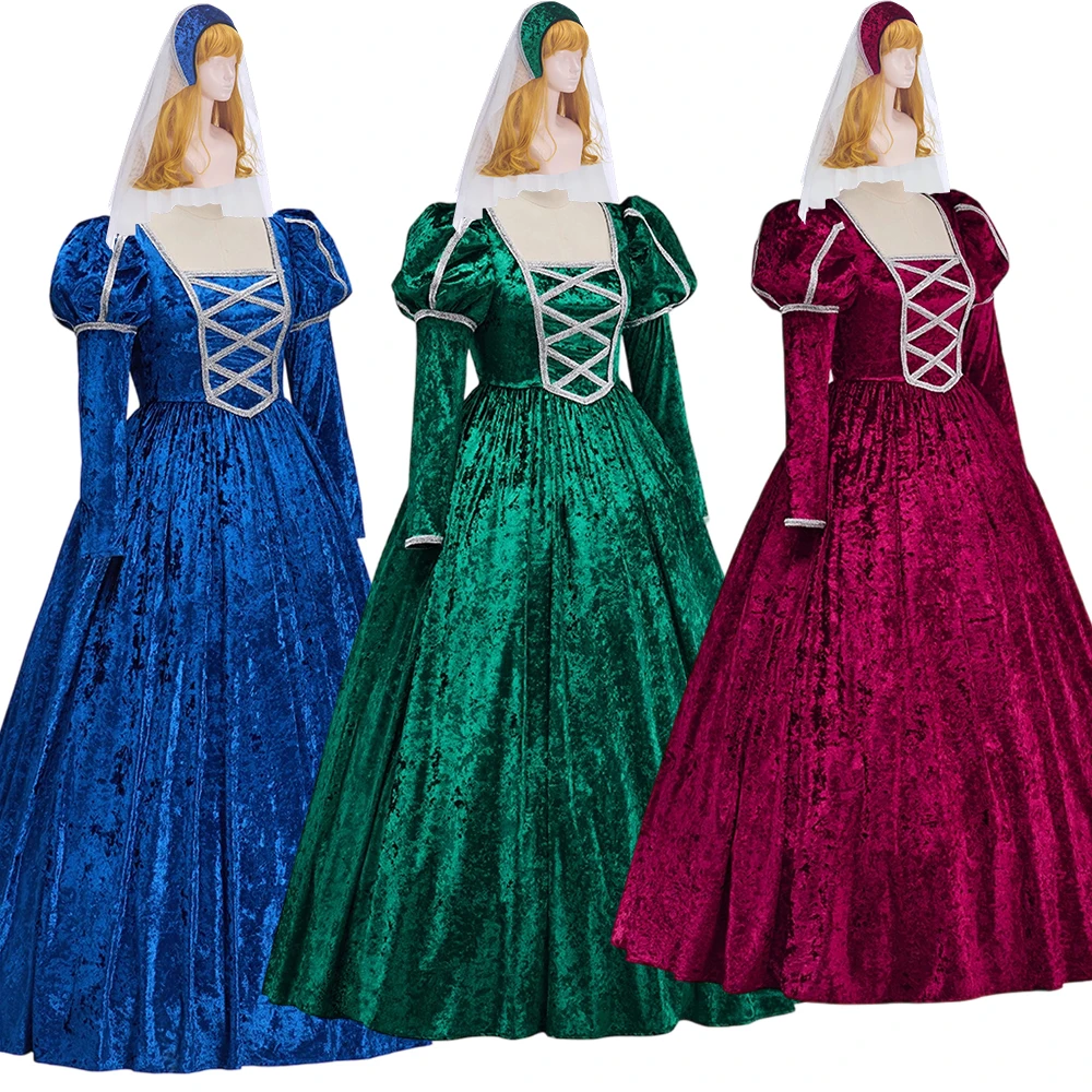 

Tudor Queen Anne Boleyn Red/Blue/Green Dress with Headgear Elizabethan Court Maid Costume Victorian Southern Belle Ball Gown