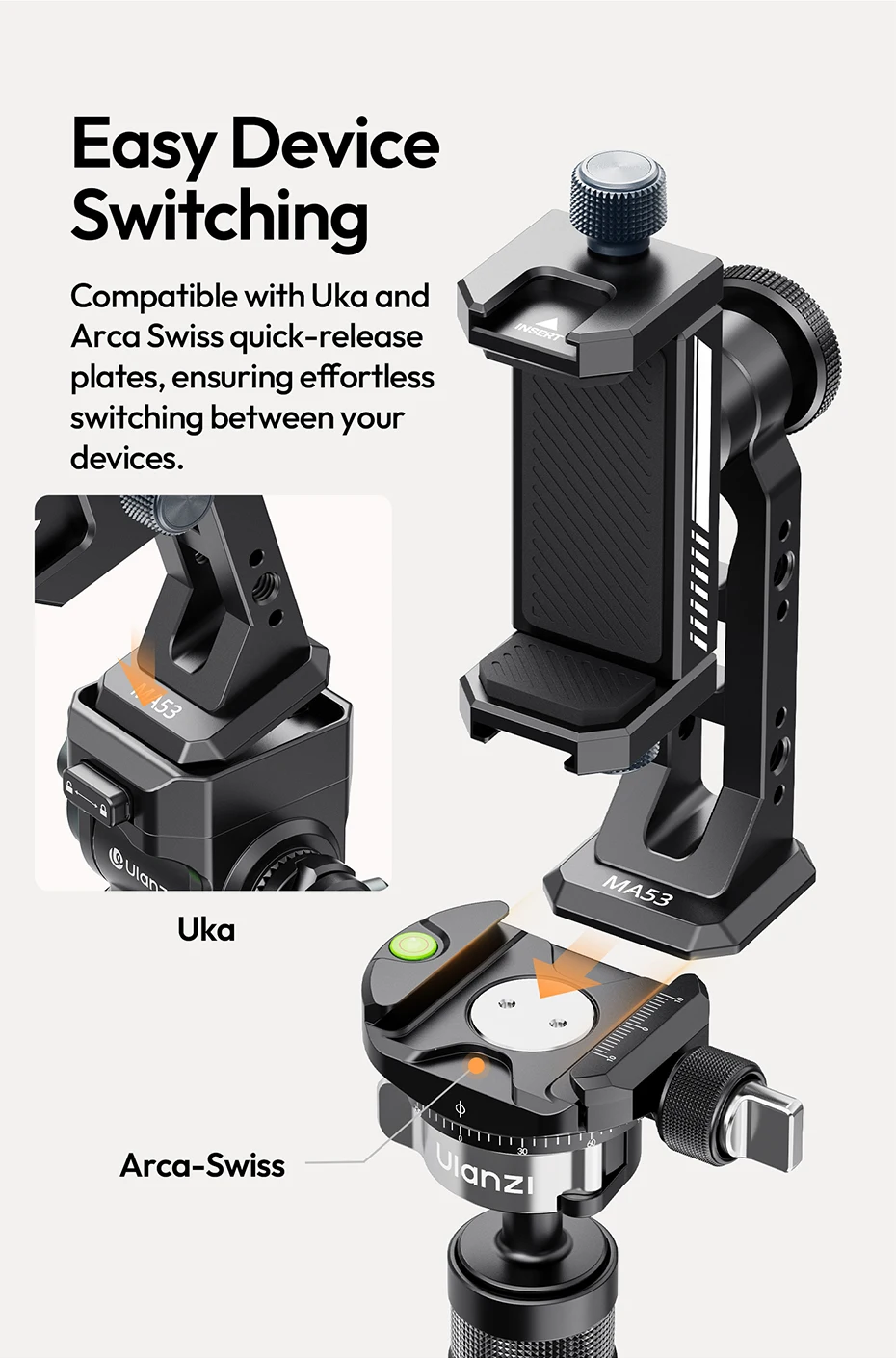 Ulanzi MA53 Arca Swiss Telefonhalterung mit Kugelkopf 360° ° Rotations-Handyhalter aus Metall für Fotografie, Livestreaming, Vlog-Aufzeichnung – Detail 3