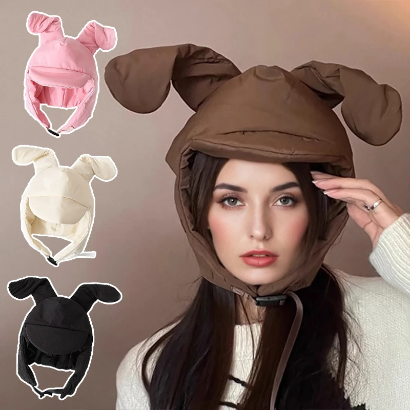 Cute Rabbit Ears LeiFeng Cap Fall and Winter Show Face Small Hundred with Lamb's Wool Duck Tongue Hat Warm Rebound Cap