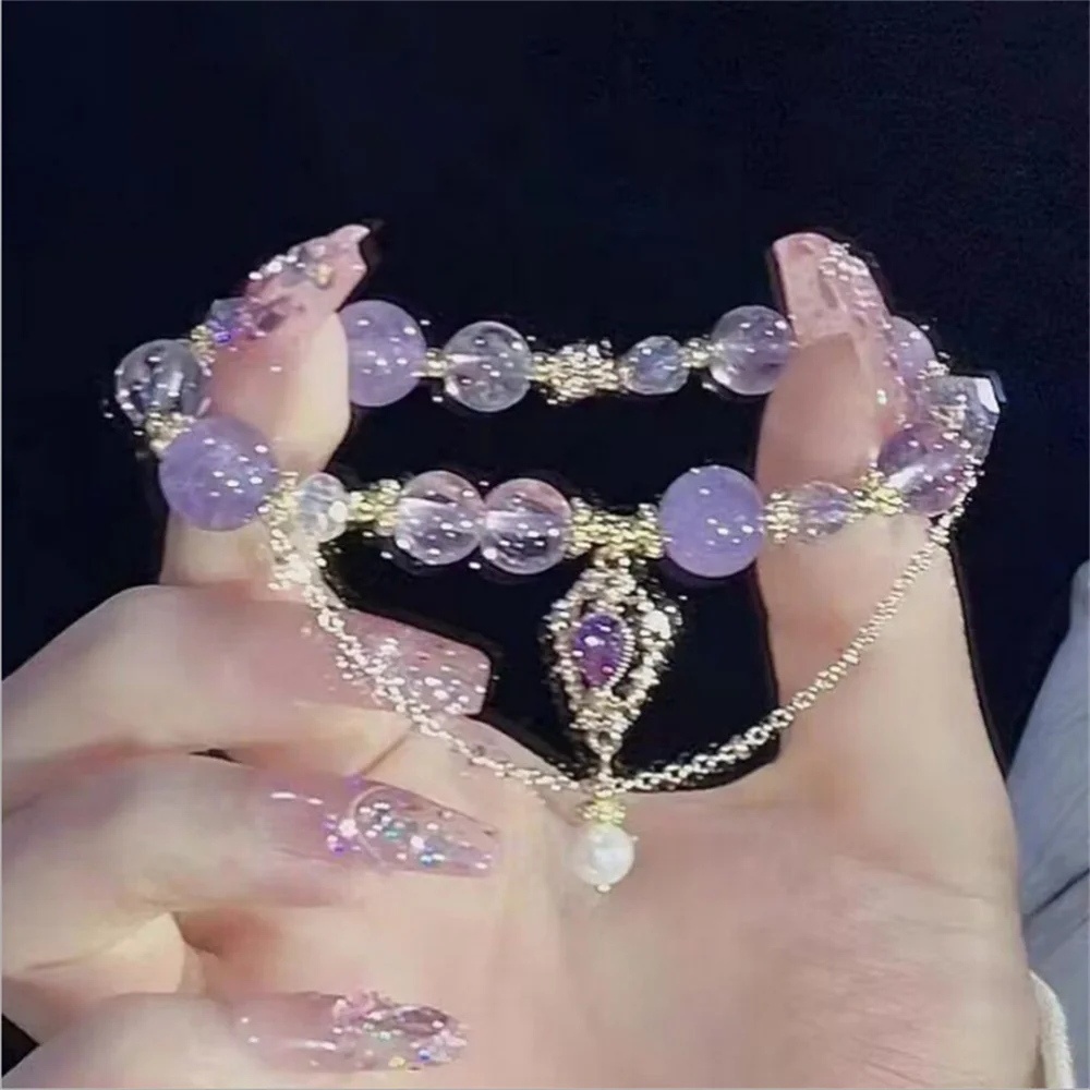 Crystal Light Luxury Purple Glass Beaded Bracelets for Women Chic Butterfly Tassel Pendant Bracelets Sweet Girl Wrist Jewelry