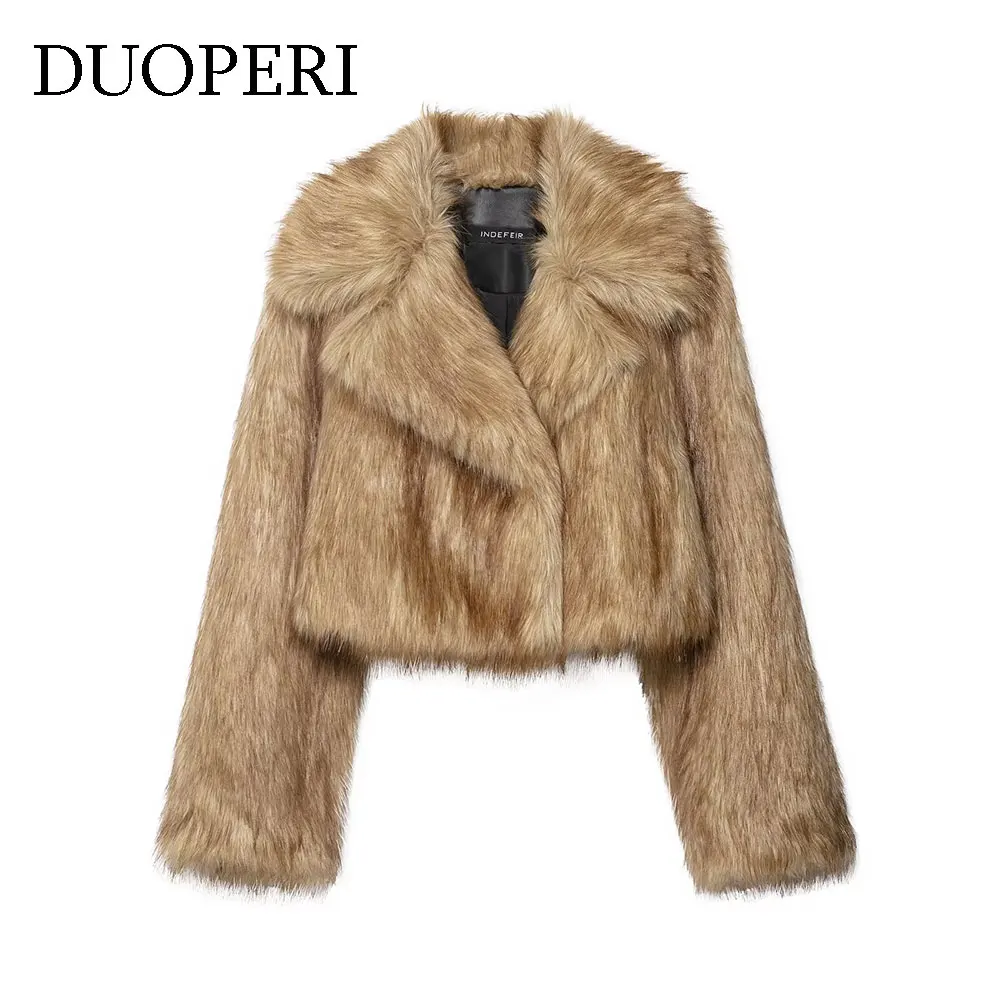 

DUOPERI женские зимние модные пальто цвета хаки из искусственного меха с открытой строчкой, винтажные пальто с лацканами и длинными рукавами, женские элегантные шикарные женские наряды